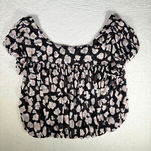 Free People Blouse Size Medium Black White Floral Meg Cropped Mesh